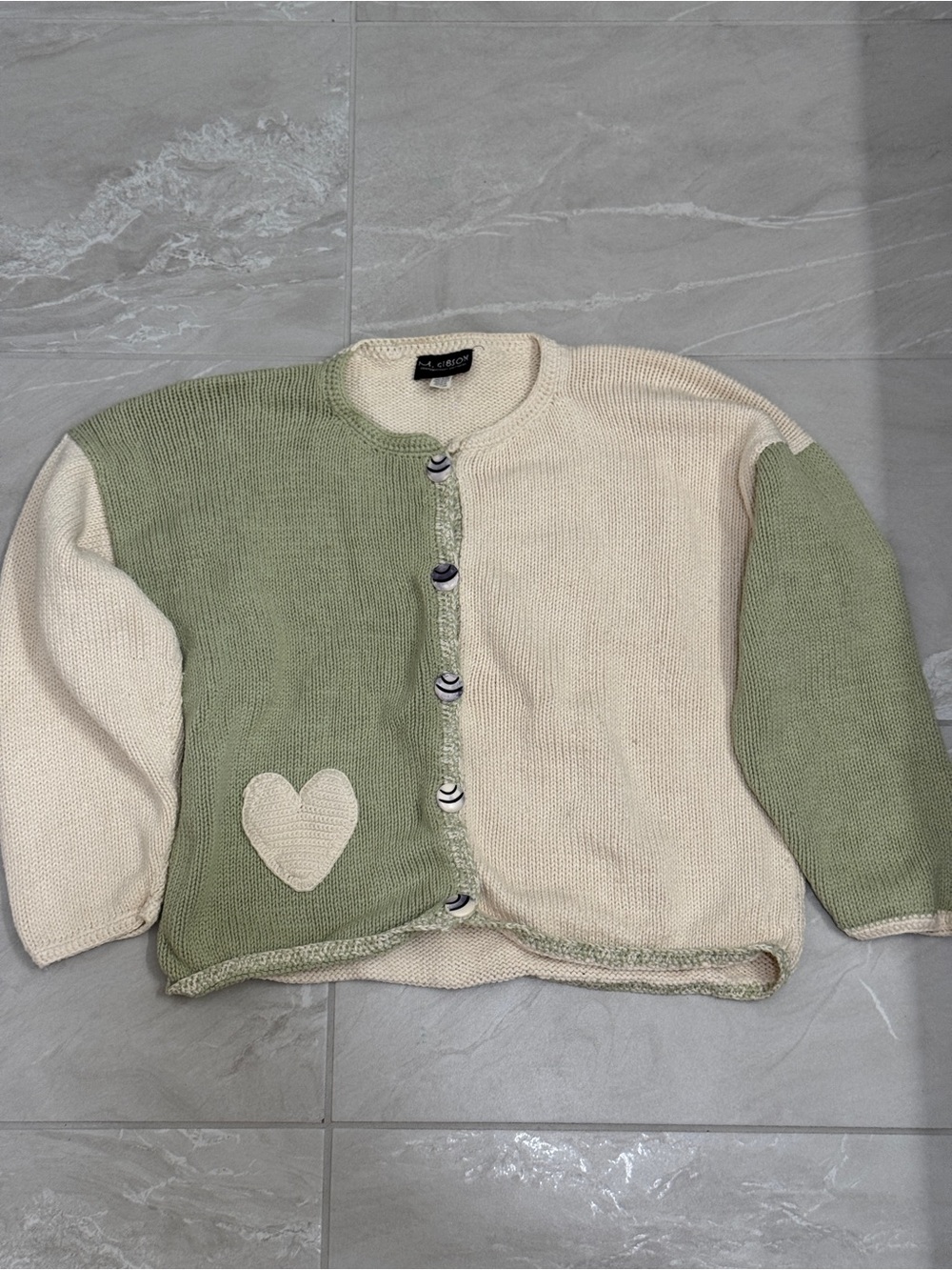 M. Gibson Vintage Heart Patch Cardigan Sage Green Cream Color Block Grannycore
